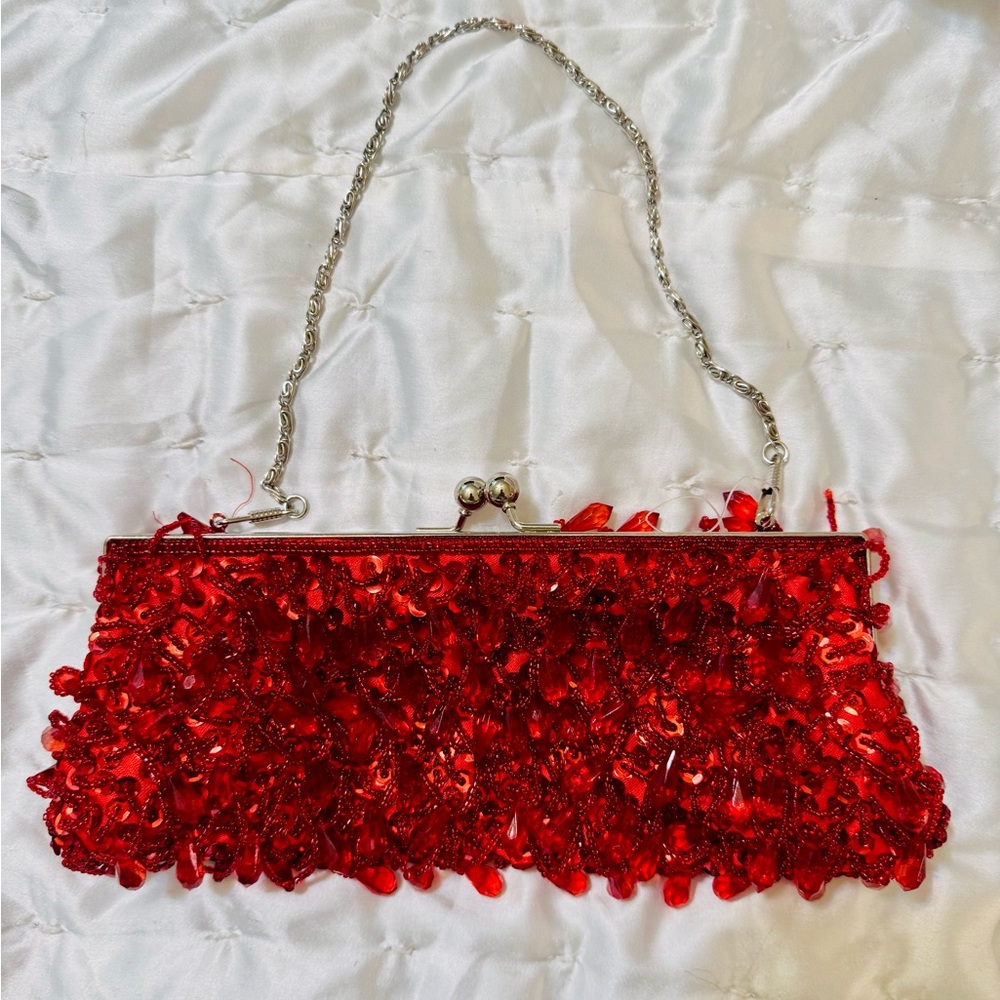 Lapis Ruby Beaded Clutch with Crossbody Strap